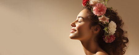 Young smiling woman with flowers on beige background. Banner with copy space.の素材