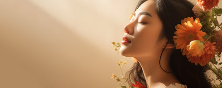 Young Asian woman with flowers on beige background.の素材