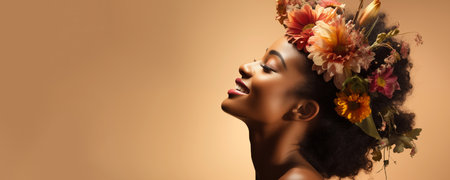 A young smiling African-American woman with flowers in her hair on a beige background. A banner with a place to copy.の素材