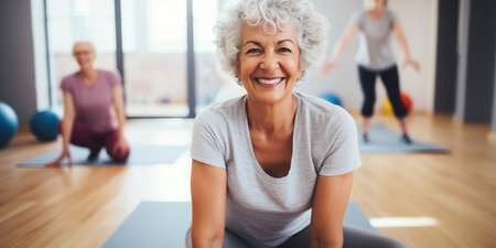An elderly woman at a yoga class.の素材