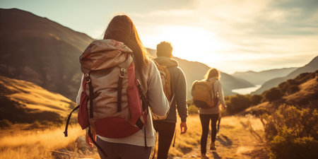 A group of hikers with backpacks are walking together along a mountain route.の素材