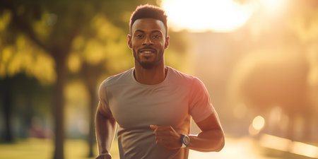 An athletic African-American man is jogging in the park.の素材
