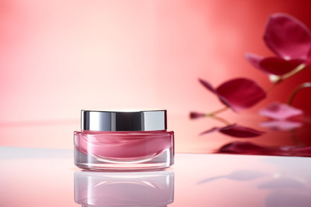 A jar of moisturizer on a pink background. Skin care product presentation.の素材
