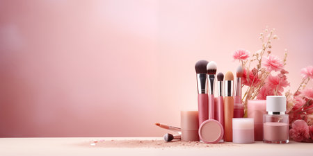 Cosmetic products on a pink background with red flowers.の素材