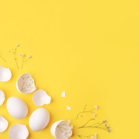 White Easter eggs and shells on a bright yellow background.の写真素材