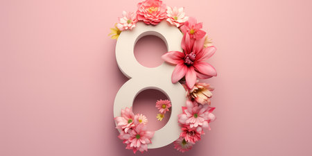 A festive banner with flowers and the number 8. Celebrating International Womens Day. AI generated.の素材