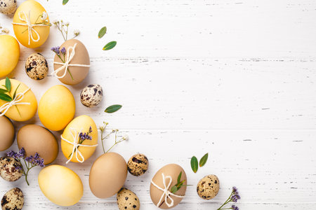 Festive Easter background. Easter eggs with flowers on a white table. Flat lay, place for text.の写真素材