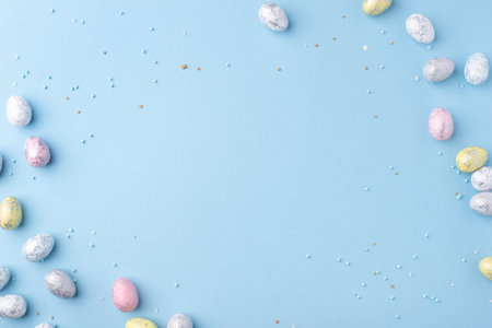 Festive Easter background. Multicolored Easter eggs on a blue table. Banner with a place for text. Top view.の写真素材