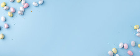 Festive Easter background. Multicolored Easter eggs on a blue table. Banner with a place for text. Top view.の写真素材