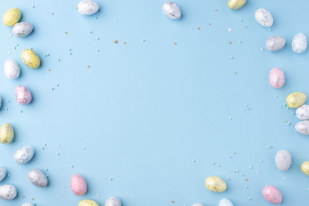 Festive Easter background. Multicolored Easter eggs on a blue table. Banner with a place for text. Top view.の写真素材