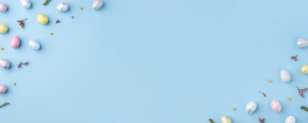 Festive Easter background. Multicolored Easter eggs and flowers on a blue table. Banner with a place for text. Top view.の写真素材
