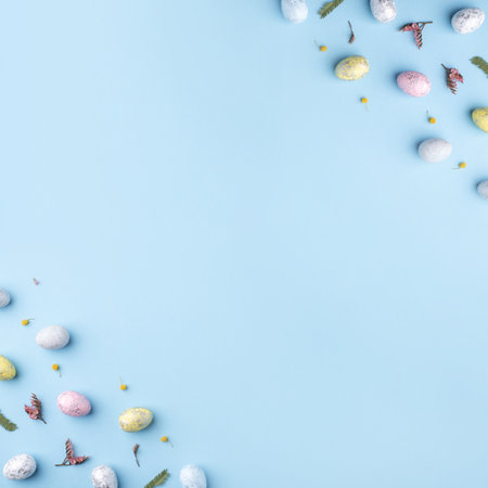 Festive Easter background. Multicolored Easter eggs and flowers on a blue table. Banner with a place for text. Top view.の写真素材