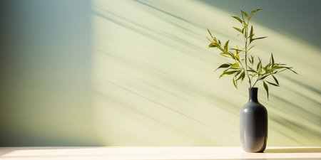 Light summer green background with a vase and a green plant on the table. Bright sunlight and shadows from the foliage.の素材