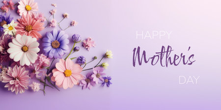 Beautiful flowers on lilac background. Mother's Day Greeting banner.の素材