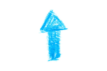A blue arrow pointing upwards on a white background.の写真素材