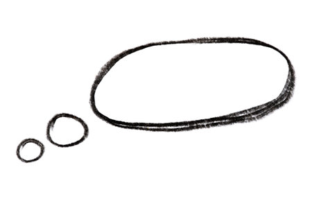 A monochrome drawing of a thought bubble with a circle pattern on a white background.の写真素材