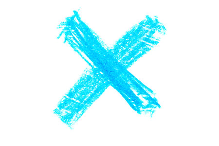 A bold electric blue cross isolated on a white background.の写真素材
