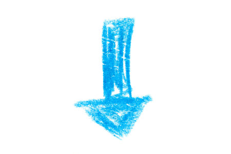 A photo of a blue arrow pointing down on a white background. A symbol for illustrations, logos and graphics.の写真素材