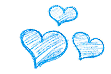 A set of blue hearts drawn in pencil on transparent background.の写真素材