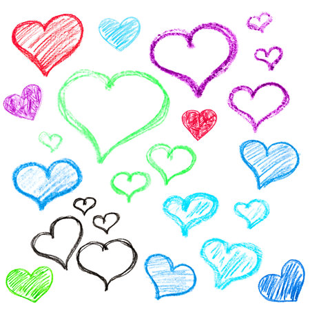 A photo of a set of multicolored hearts drawn in pencil isolated on white background.の写真素材