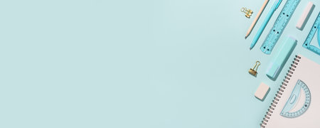 School supplies on blue background.の写真素材
