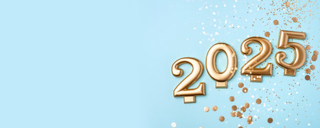 Golden 2025 on a blue color background with confetti and bokeh lights. Happy New Year 2025 is coming concept. Top view.の写真素材