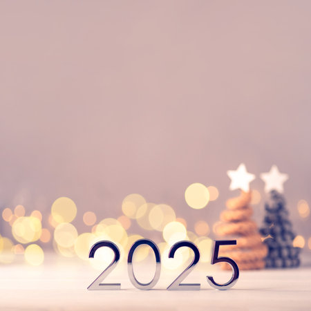 Metal numbers 2025 on a white table with Christmas trees and bokeh lights. Happy New Year 2025 is coming concept.の写真素材