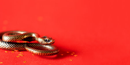 Bronze snake figurine on a red background. The symbol of 2025. Happy Chinese New Year.の写真素材