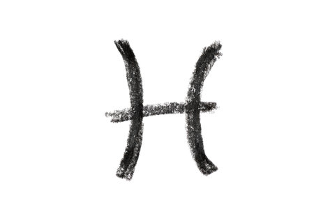 A hand-drawn Pisces zodiac sign in black pencil on a white background, perfect for astrology-themed designs, horoscope articles, and spiritual projectsの写真素材