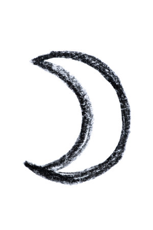 A hand-drawn Moon symbol in black pencil isolated on a white background. Perfect for astrology-themed designs, horoscope articles, and spiritual projectsの写真素材