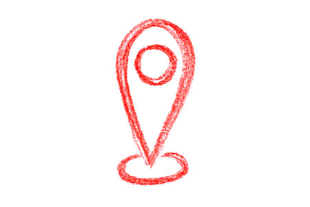 A geolocation pin drawn in red pencil on a white backgroundの写真素材