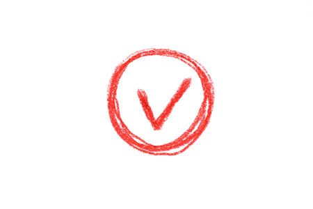 A red pencil sketch of a check mark symbol on a white background.