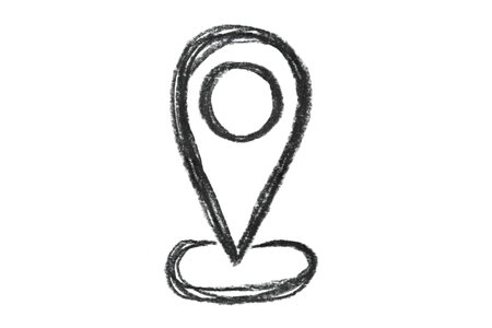 A geolocation pin drawn in black pencil on a white backgroundの写真素材