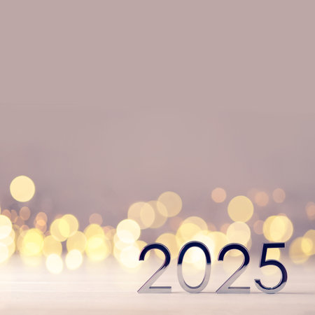 Metal numbers 2025 on table with bokeh lights.の写真素材