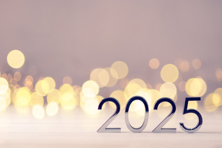 Metal numbers 2025 on table with bokeh lights.の写真素材