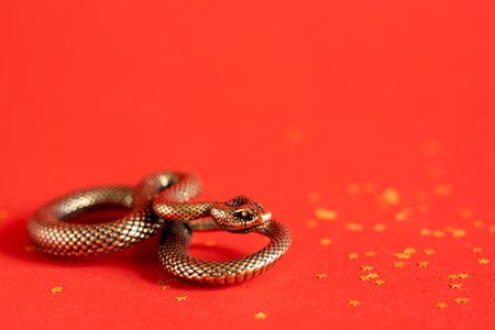 Bronze snake figurine on a red background. The symbol of 2025.の写真素材