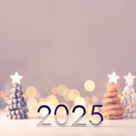 Metal numbers 2025 on a white table with Christmas trees and bokeh lights. Happy New Year 2025 is coming concept.の写真素材