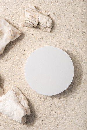 Natural cosmetic background for product presentation. Rocks and white podium on the sand. Top view.の写真素材