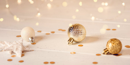 Christmas decorations on white wooden table. Front view.の写真素材