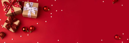 Christmas gift boxes with red balls.の写真素材