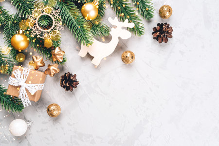 Christmas Background with Fir Branches and Ornaments. Copy space for text.の写真素材