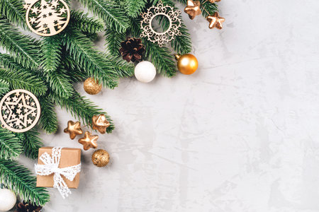 Christmas Background with Fir Branches and Ornaments. Copy space for text.の写真素材