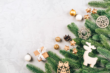 Christmas Background with Fir Branches and Ornaments. Copy space for text.の写真素材