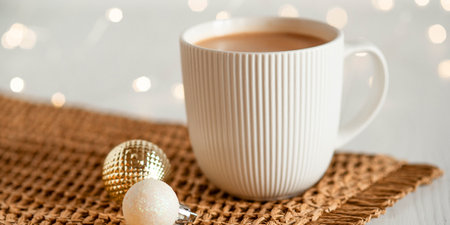 A white cup with hot coffee or tea on a white wooden table with Christmas lights.の写真素材