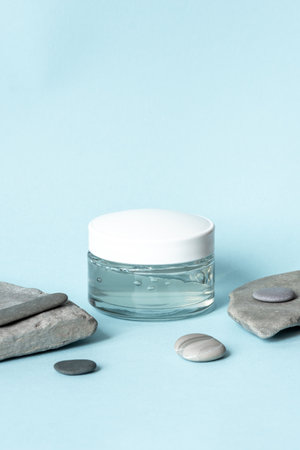 Transparent Skincare Product with Bubbles on Minimalist Background for Beauty and Wellness Conceptの写真素材