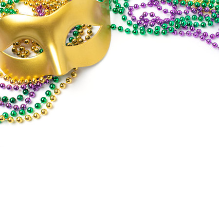 Mardi gras beads frame isolated on white backgroundの写真素材