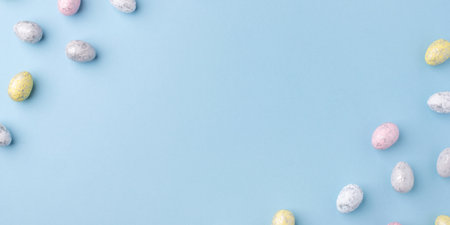 Easter frame of eggs painted in blue color.の写真素材