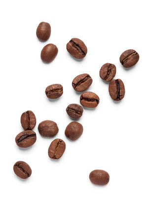Freshly roasted coffee beans on a white backgroundの写真素材