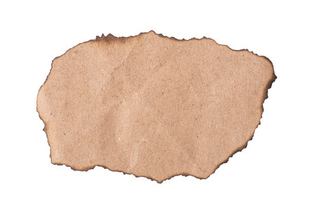 A piece of white paper with burnt edges isolated on a white backgroundの写真素材