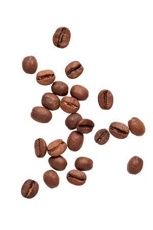 Freshly roasted coffee beans isolated on a white backgroundの写真素材